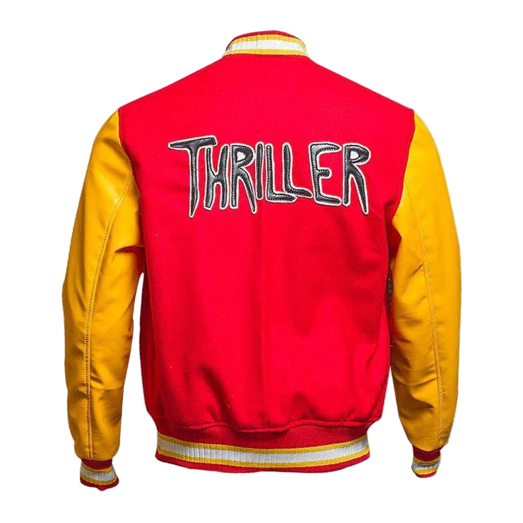 DJM0013 Men’s Thriller Red Varsity Jacket – “M” Logo Edition, Retro Biker Style Christmas Wear Coat