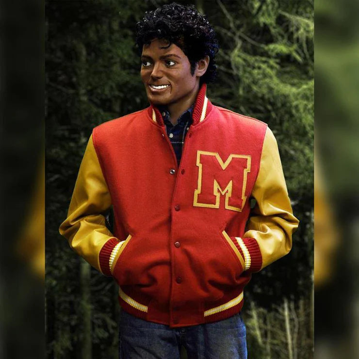 DJM0013 Men’s Thriller Red Varsity Jacket – “M” Logo Edition, Retro Biker Style Christmas Wear Coat
