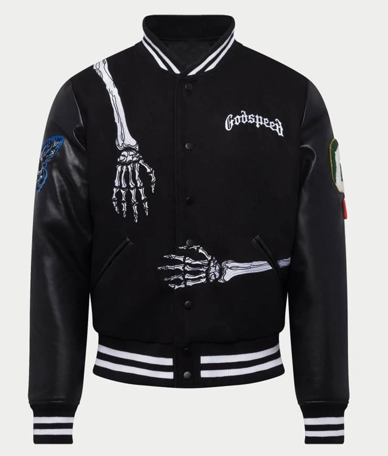 DJM0018 Men's James Blake “Godspeed” Skull Varsity Jacket – Black Wool & Leather Edition