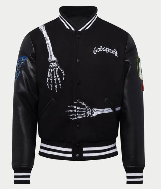 DJM0018 Men's James Blake “Godspeed” Skull Varsity Jacket – Black Wool & Leather Edition