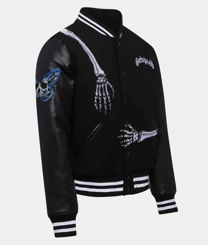 DJM0018 Men's James Blake “Godspeed” Skull Varsity Jacket – Black Wool & Leather Edition