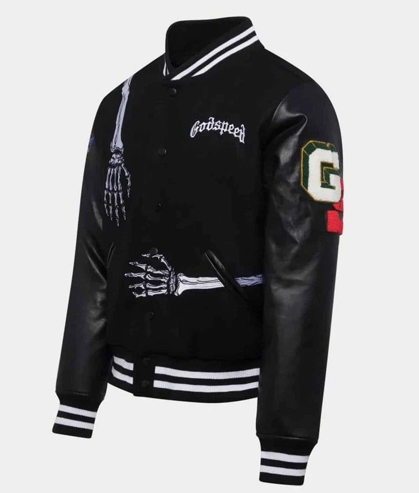 DJM0018 Men's James Blake “Godspeed” Skull Varsity Jacket – Black Wool & Leather Edition