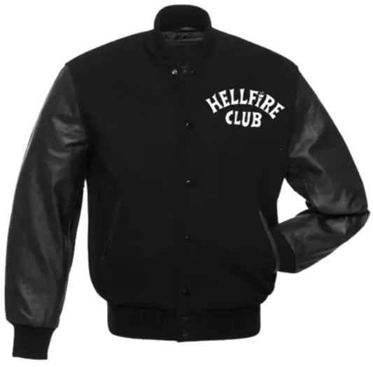 DJM0019 Men's Stranger Things Hellfire Club Black Varsity Jacket – Iconic Wool & Leather Retro Style Outerwear