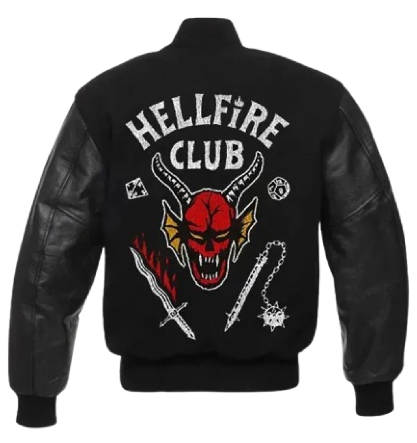 DJM0019 Men's Stranger Things Hellfire Club Black Varsity Jacket – Iconic Wool & Leather Retro Style Outerwear