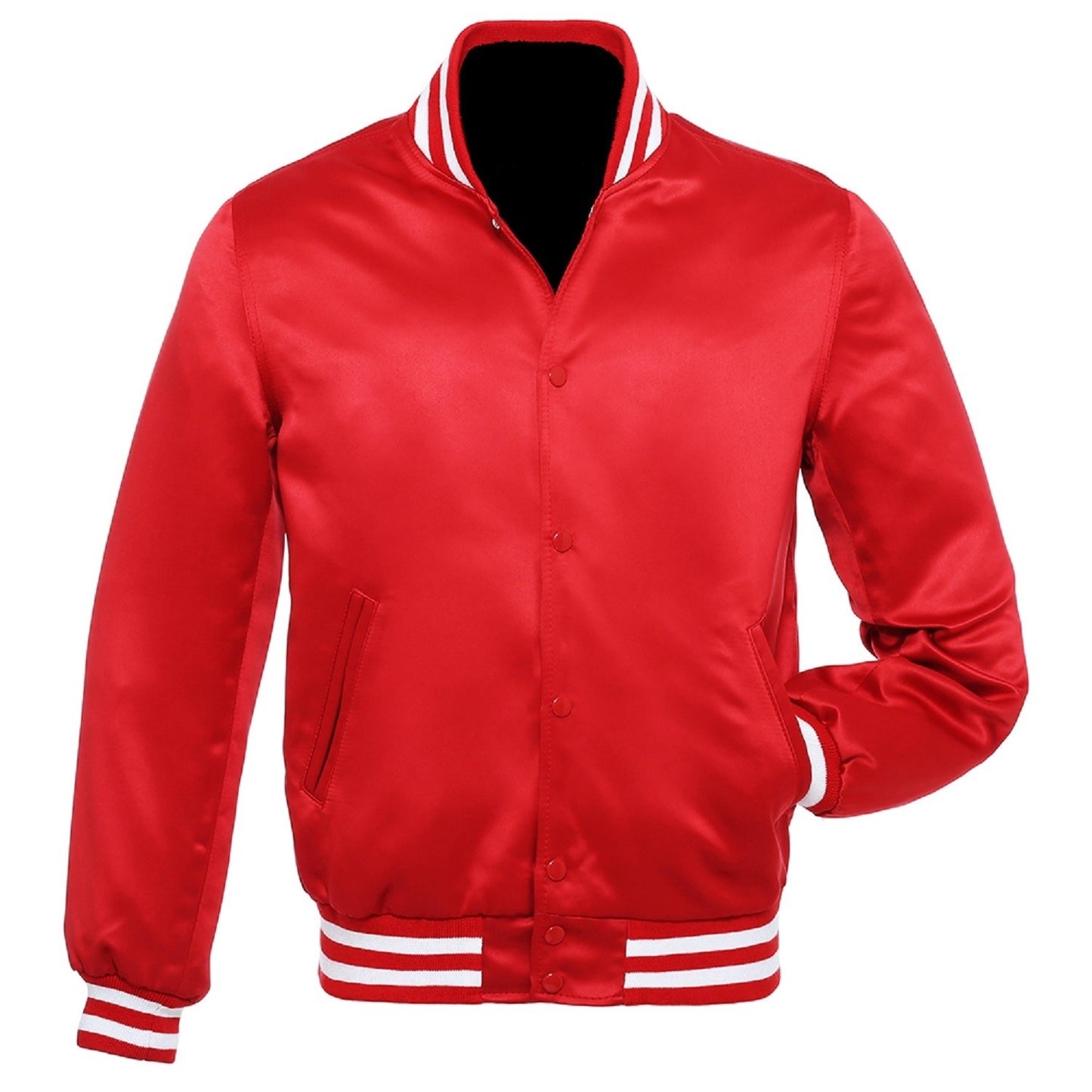 DJM0020 Men’s Red & White Satin Varsity Jacket – Retro Letterman Style Streetwear Outerwear