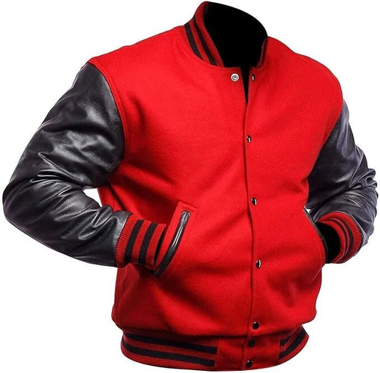 DJM0022 Men’s Red & Black Varsity Letterman Bomber Jacket – High School/College Style Wool Body with Leather Sleeves