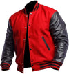 DJM0022 Men’s Red & Black Varsity Letterman Bomber Jacket – High School/College Style Wool Body with Leather Sleeves