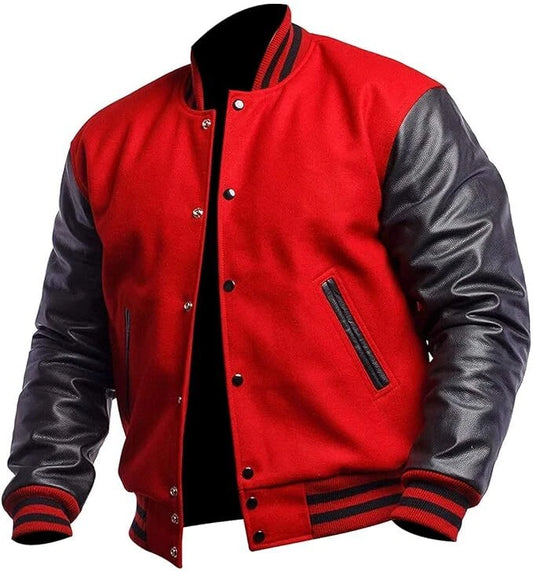 DJM0022 Men’s Red & Black Varsity Letterman Bomber Jacket – High School/College Style Wool Body with Leather Sleeves