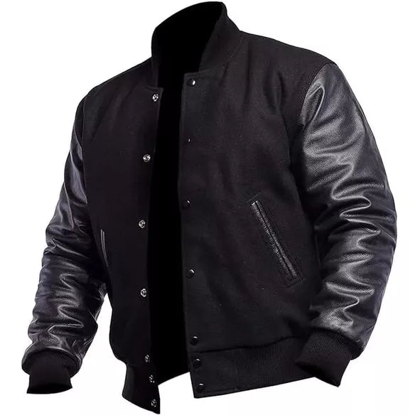 DJM0023 Men’s Black Letterman Jacket – Vintage Wool Body & Leather Sleeves, Insulated Varsity Style