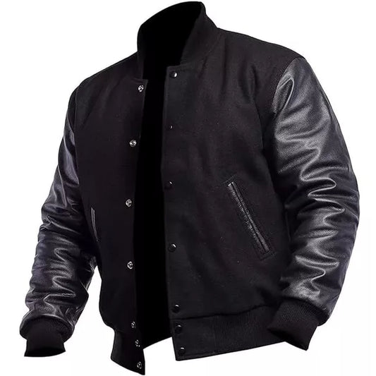 DJM0023 Men’s Black Letterman Jacket – Vintage Wool Body & Leather Sleeves, Insulated Varsity Style