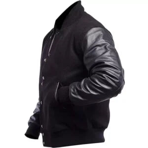 DJM0023 Men’s Black Letterman Jacket – Vintage Wool Body & Leather Sleeves, Insulated Varsity Style