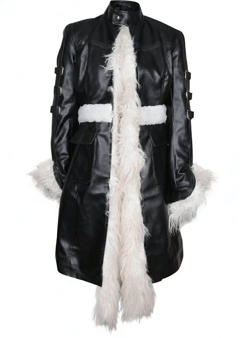 FCF0002 Women’s Luxury Fur-Trim Real Leather Winter Coat | High-Fashion Celebrity-Inspired Long Leather Overcoat | Premium Warm Outerwear for Cold Weather