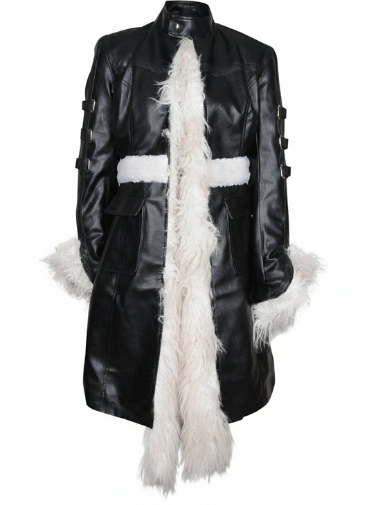 FCF0002 Women’s Luxury Fur-Trim Real Leather Winter Coat | High-Fashion Celebrity-Inspired Long Leather Overcoat | Premium Warm Outerwear for Cold Weather
