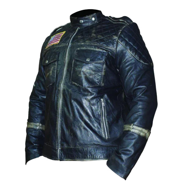 FJLM002 Men’s US Flag Vintage Black Distressed Moto Retro Biker Leather Jacket