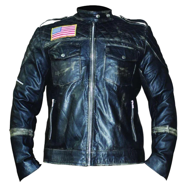 FJLM002 Men’s US Flag Vintage Black Distressed Moto Retro Biker Leather Jacket