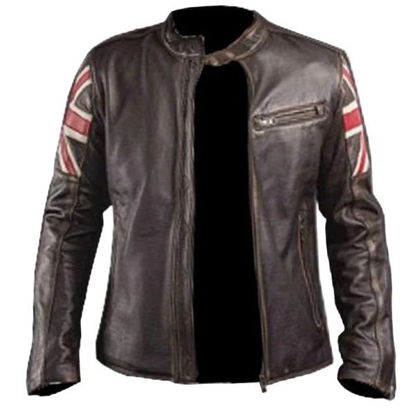 FJLM003 Men’s UK Flag  Vintage Brown Café Racer Real Leather Biker Jacket – Edition