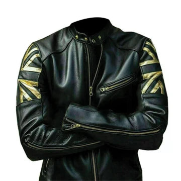 FJLM008 Men's UK Flag Real Leather Biker Jacket Black-Café Racer Jacket