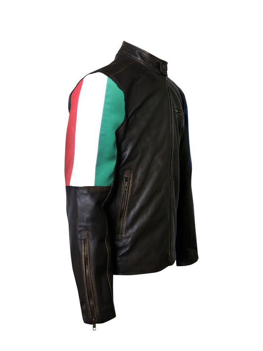 FJLM009 Men's Italian Flag Biker Leather Jacket with Racing Stripes