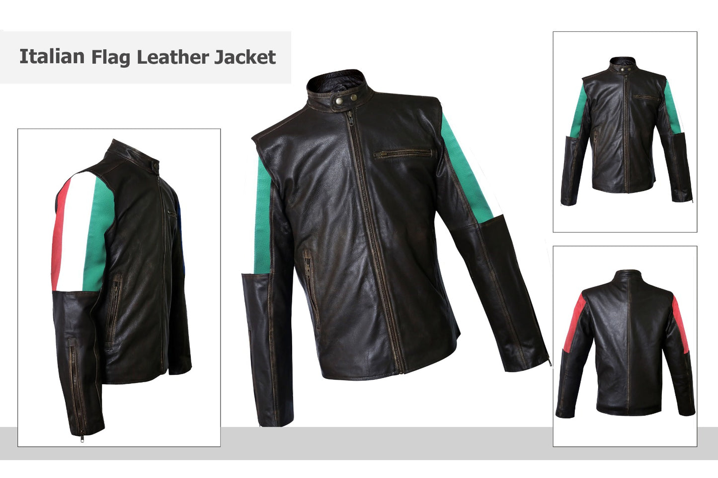 FJLM009 Men's Italian Flag Biker Leather Jacket with Racing Stripes