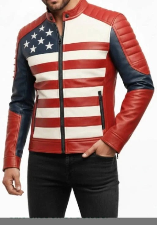 FJLM0010 Men’s USA Flag Biker Real Leather Jacket – Bold Stars & Stripes Motorcycle Style