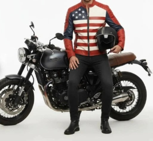 FJLM0010 Men’s USA Flag Biker Real Leather Jacket – Bold Stars & Stripes Motorcycle Style