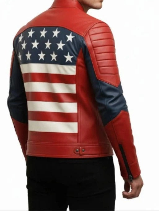 FJLM0010 Men’s USA Flag Biker Real Leather Jacket – Bold Stars & Stripes Motorcycle Style