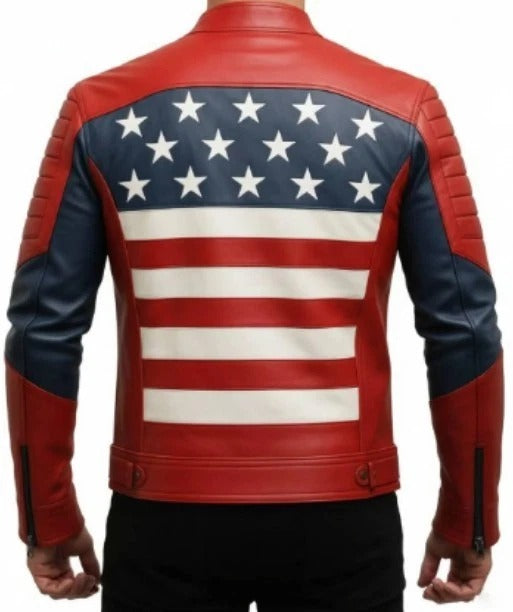 FJLM0010 Men’s USA Flag Biker Real Leather Jacket – Bold Stars & Stripes Motorcycle Style