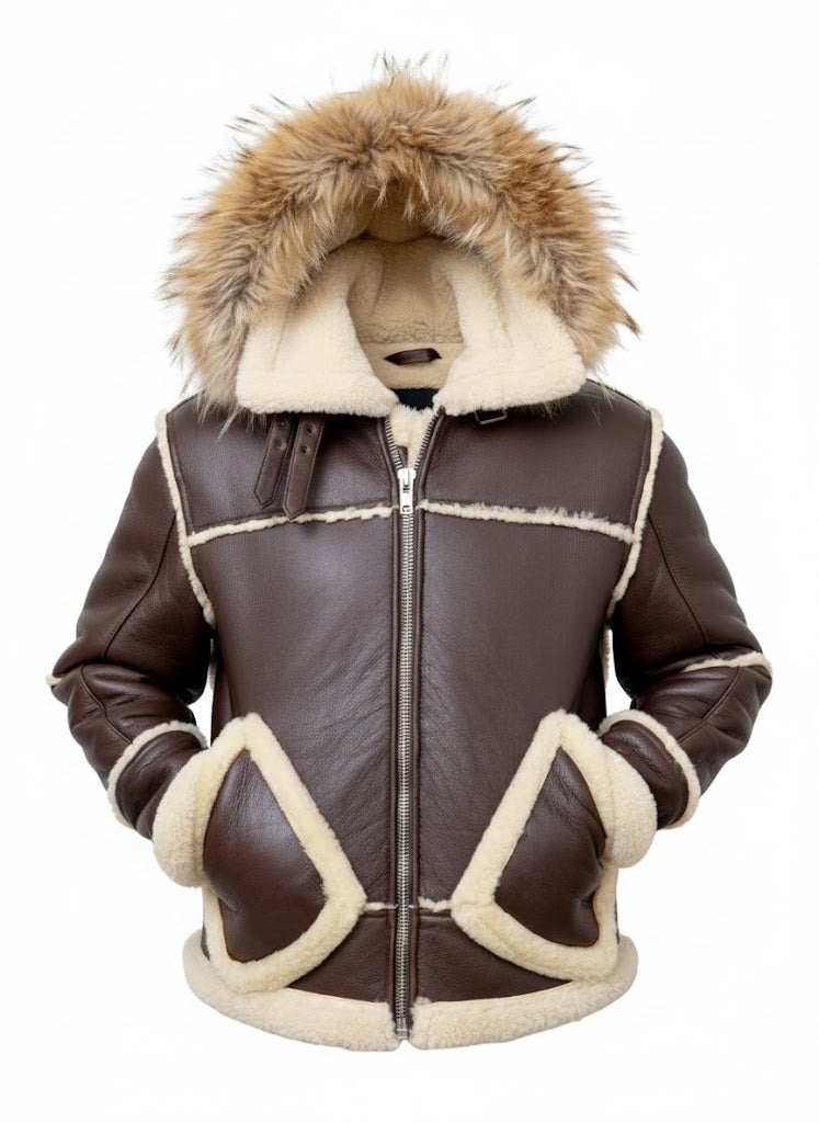 FJM0017 B3 Aviator Bomber Hooded Shearling Jacket (Men) | Genuine Sheepskin, Fur-Collared, Winter Ready Coat
