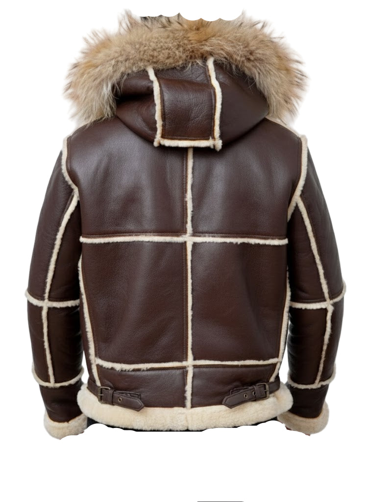 FJM0017 B3 Aviator Bomber Hooded Shearling Jacket (Men) | Genuine Sheepskin, Fur-Collared, Winter Ready Coat