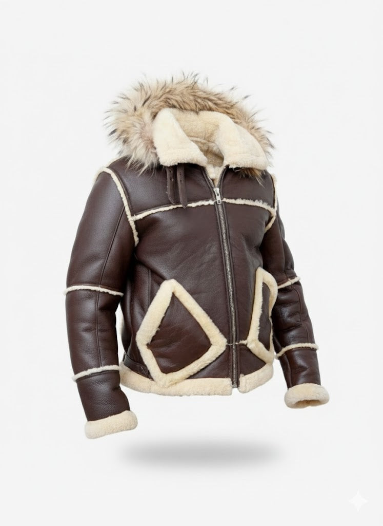 FJM0017 B3 Aviator Bomber Hooded Shearling Jacket (Men) | Genuine Sheepskin, Fur-Collared, Winter Ready Coat