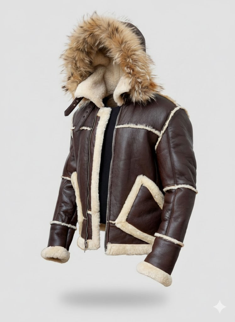 FJM0017 B3 Aviator Bomber Hooded Shearling Jacket (Men) | Genuine Sheepskin, Fur-Collared, Winter Ready Coat
