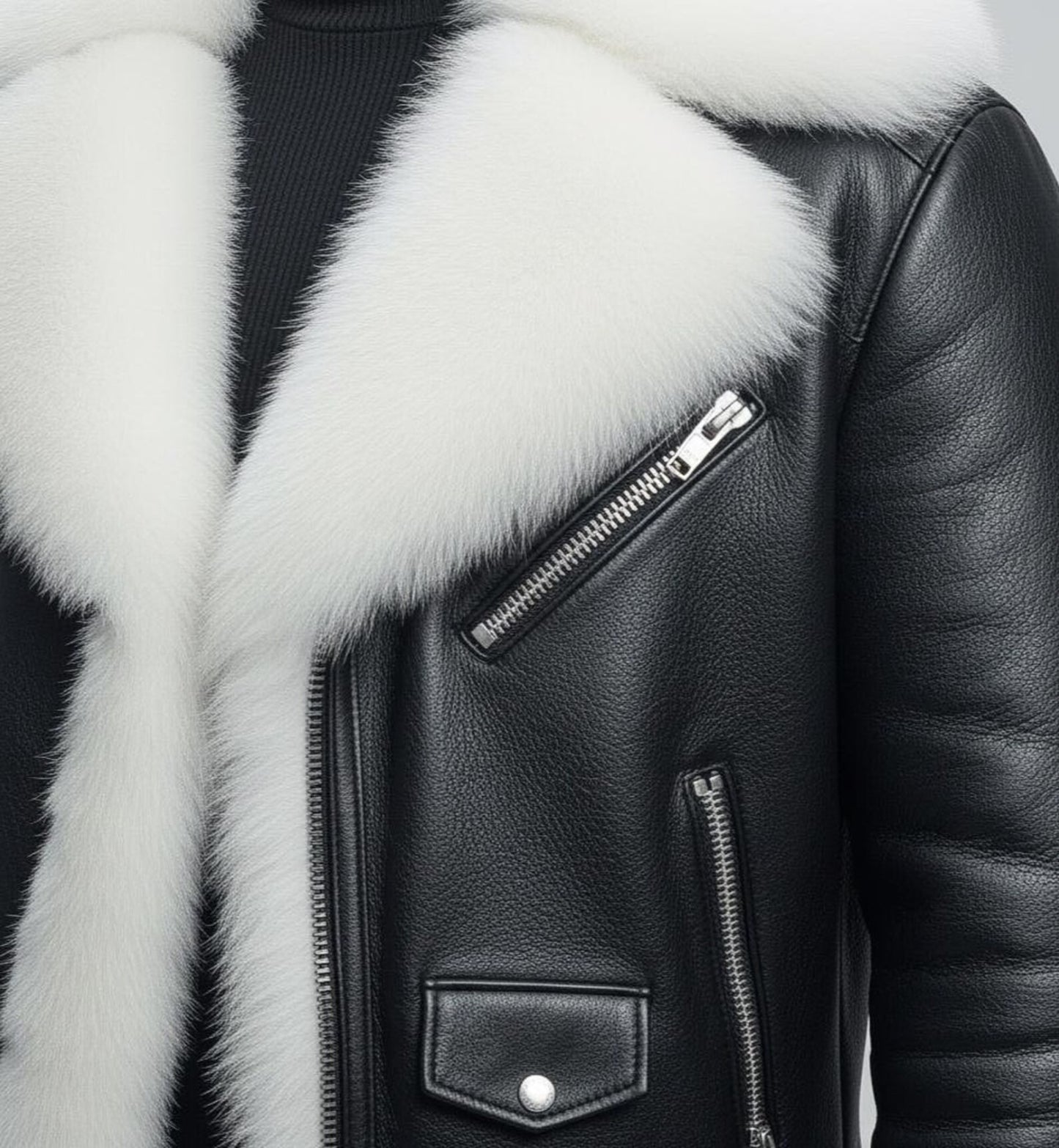 FJM0028 Men’s Premium Leather Jacket with Luxury Fox Fur Lining – Winter Biker Style Warm Leather Outerwear