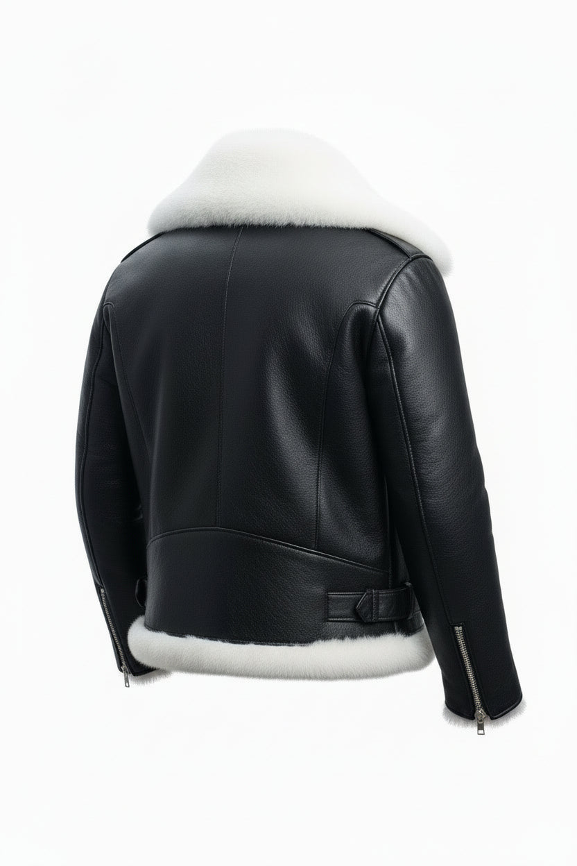 FJM0028 Men’s Premium Leather Jacket with Luxury Fox Fur Lining – Winter Biker Style Warm Leather Outerwear
