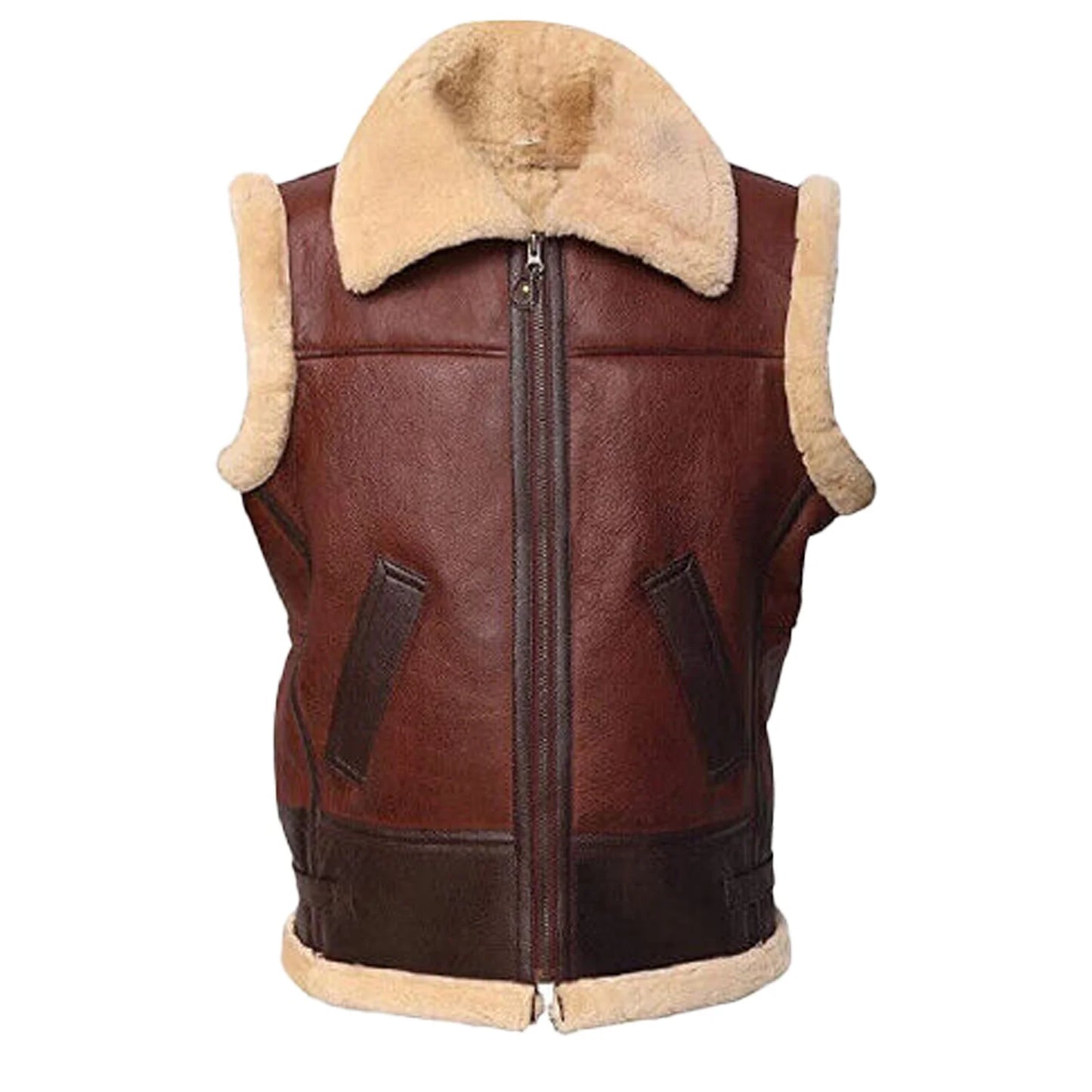 FJM0005 Men’s Brown Real Shearling Fur Bomber jacket-Leather Vest – Winter WW11 B3 Signature Biker Classic Coat