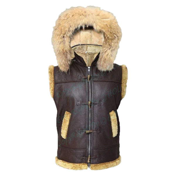 FJM003 B3 RAF Hooded Brown Shearling Fur Lined Genuine Leather Vest – Winter