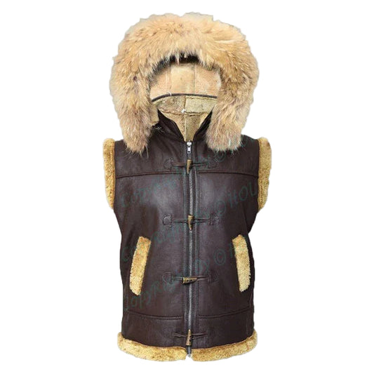 FJM003 B3 RAF Hooded Brown Shearling Fur Lined Genuine Leather Vest – Winter