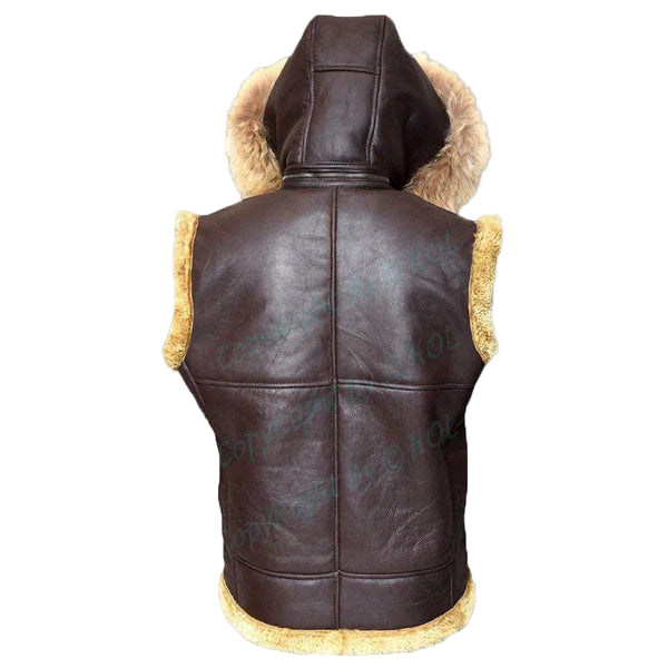 FJM003 B3 RAF Hooded Brown Shearling Fur Lined Genuine Leather Vest – Winter