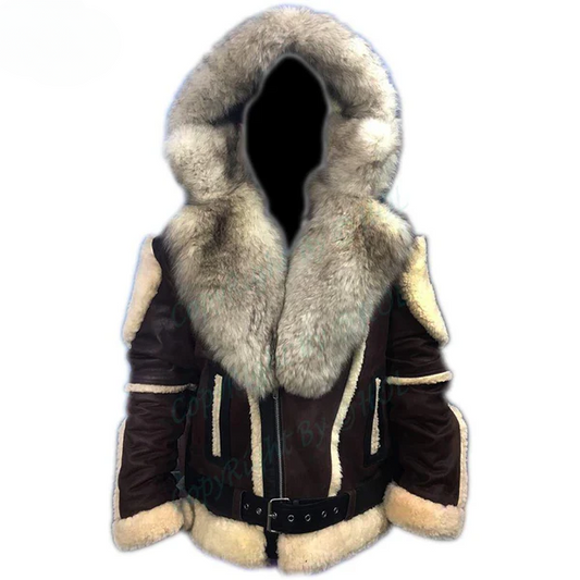 FJM005 Men’s Warm Hooded Brown Leather Jacket with Real Fur Shearling Inner