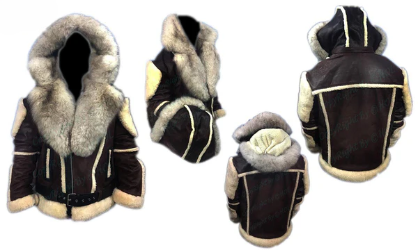 FJM005 Men’s Warm Hooded Brown Leather Jacket with Real Fur Shearling Inner