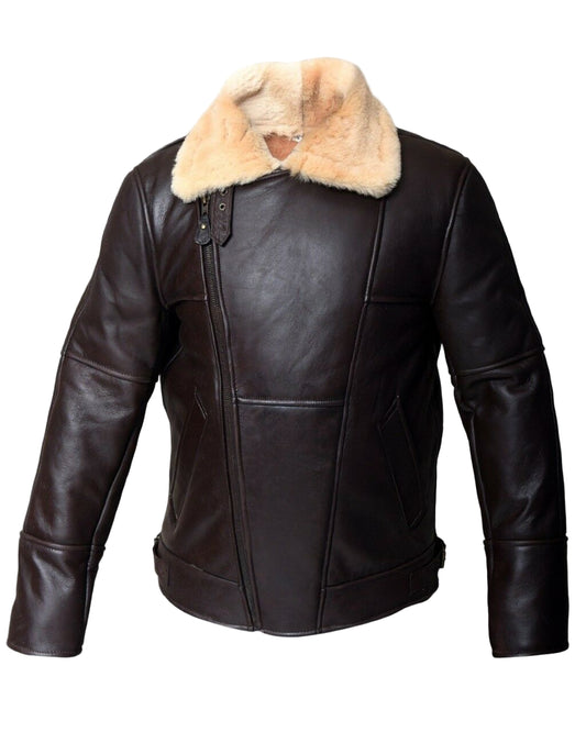 FJM0009 Premium Brown Fur-Lined Bomber Wool Real Shearling Jacket – Real Leather Cross-Style Winter Wear Coat