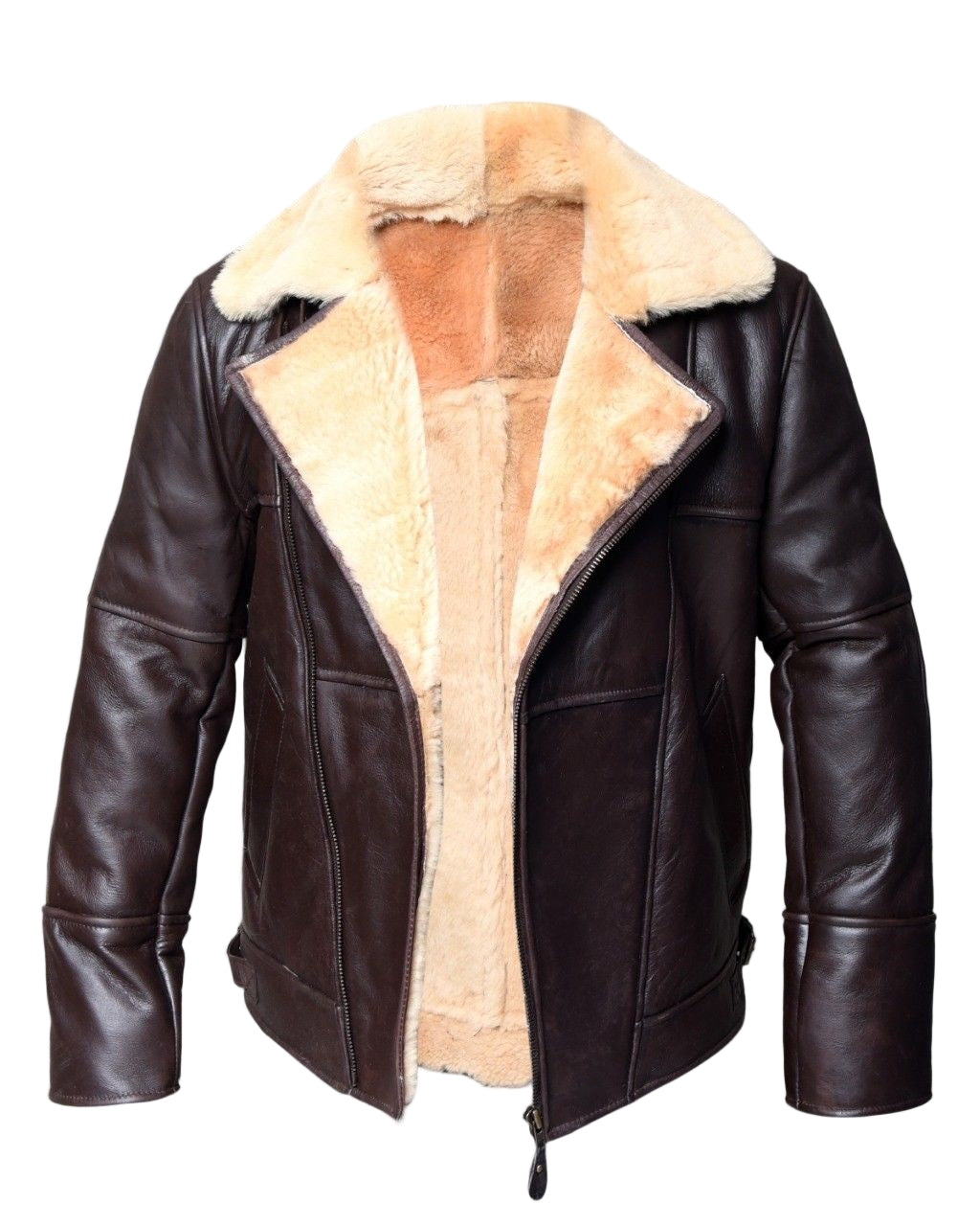 FJM0009 Premium Brown Fur-Lined Bomber Wool Real Shearling Jacket – Real Leather Cross-Style Winter Wear Coat