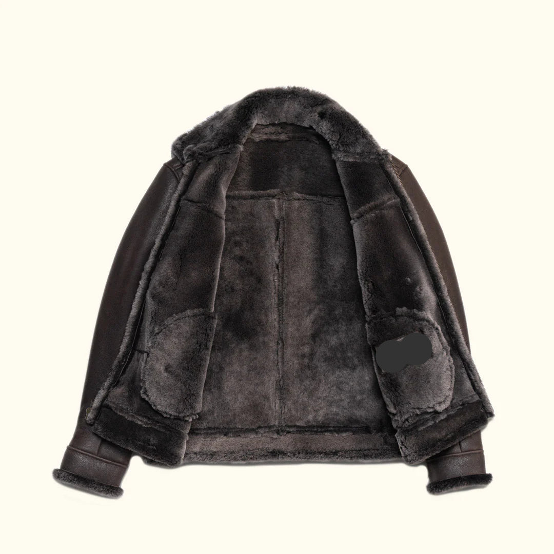 FJM0010 Men’s Espresso Brown Bomber Real Shearling Fur Jacket – Lux Trim Collar, Premium Finish & Winter Genuine Leather Comfort Coat