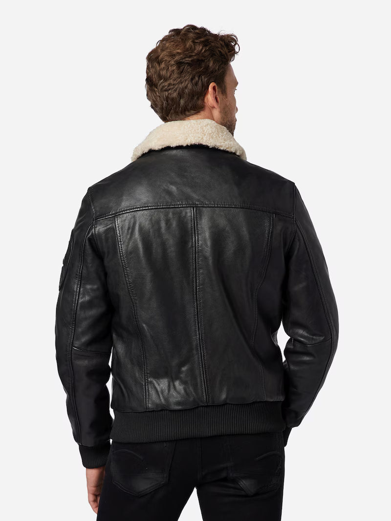 LJM0063 Men’s Black Moto Jacket – Soft White Fur-Style Collar, Real Leather Premium Finish Coat & Winter Biker Classic