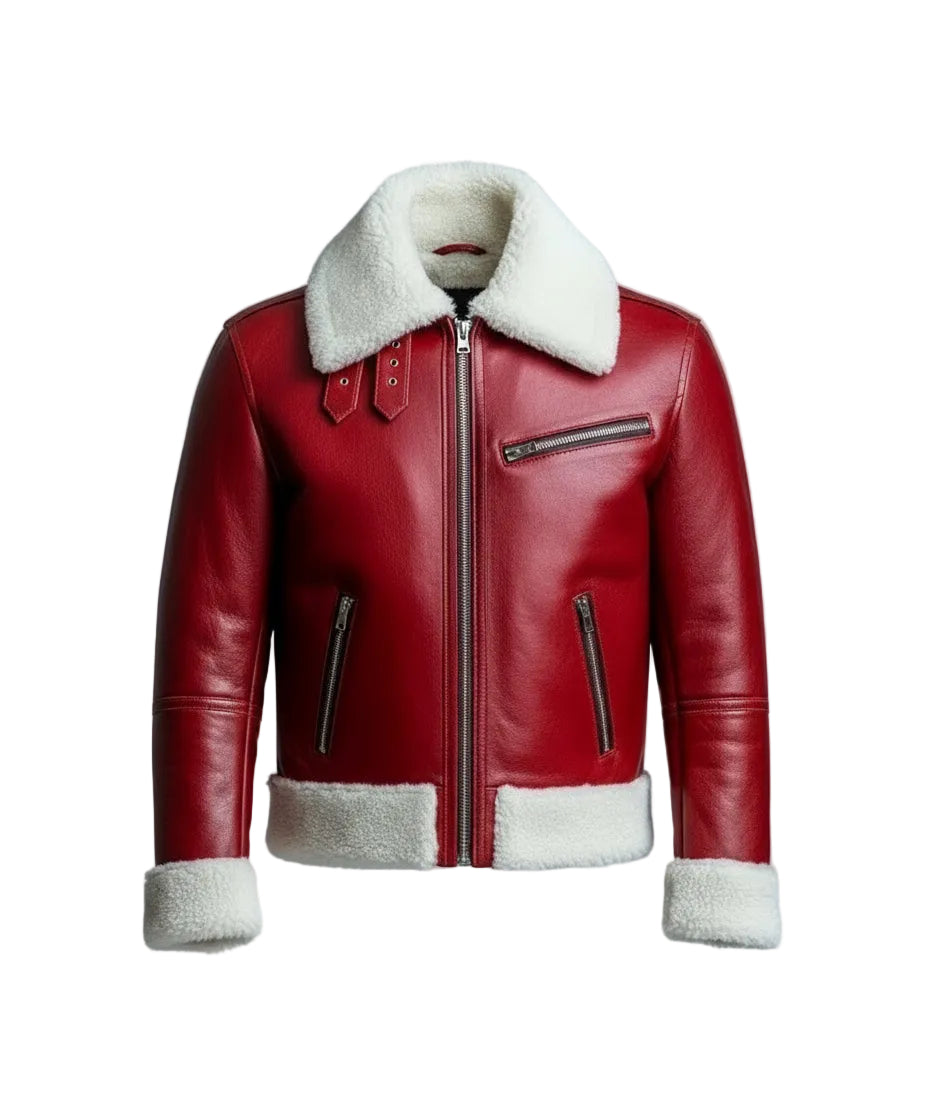 FJM0012 Men’s Red Aviator Bomber Jacket with Plush Fur Collar & Inner Lining – Winter Warm Stylish Outerwear