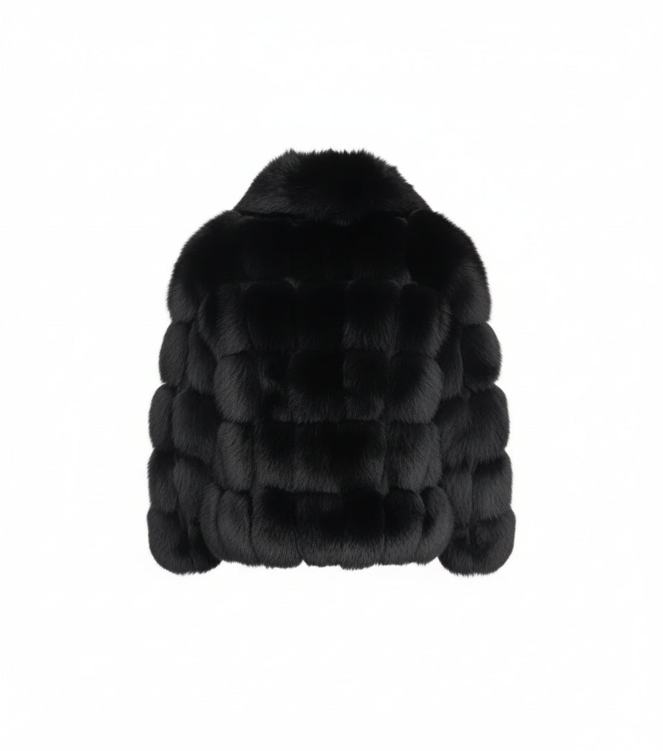 FJM0013 Black Fox Fur Parka – Luxurious Full-Pelt Black Fox, Plush Fur Lining & Suede-Trim Design Coat