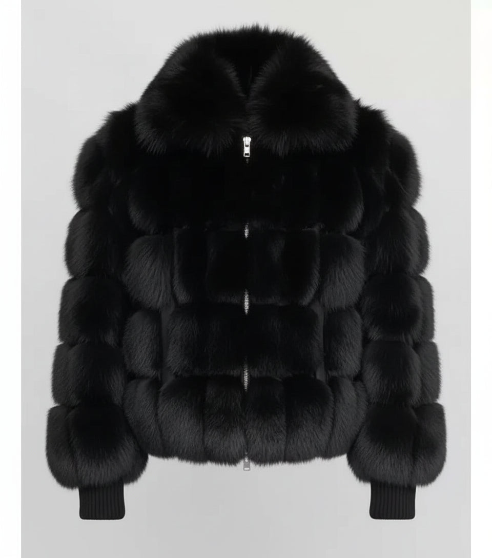 FJM0013 Black Fox Fur Parka – Luxurious Full-Pelt Black Fox, Plush Fur Lining & Suede-Trim Design Coat