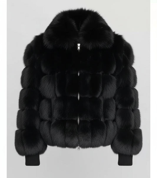FJM0013 Black Fox Fur Parka – Luxurious Full-Pelt Black Fox, Plush Fur Lining & Suede-Trim Design Coat