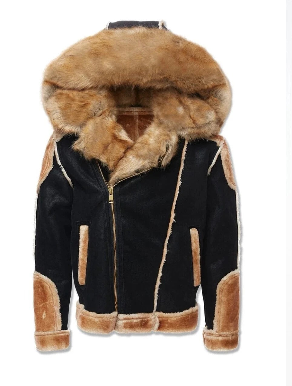 FJM0014 Men's Jordan Craig El Jefe Moto Racer Jacket – Black Coffee ‑Real Shearling Fur Biker Coat