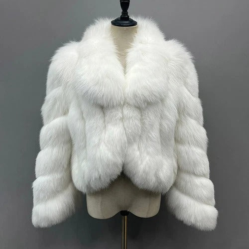 FJF0001 Luxurious Plush White Fox-Fur Cropped Coat – Soft, Fluffy Winter Outerwear for Chic & Cozy Style Coat