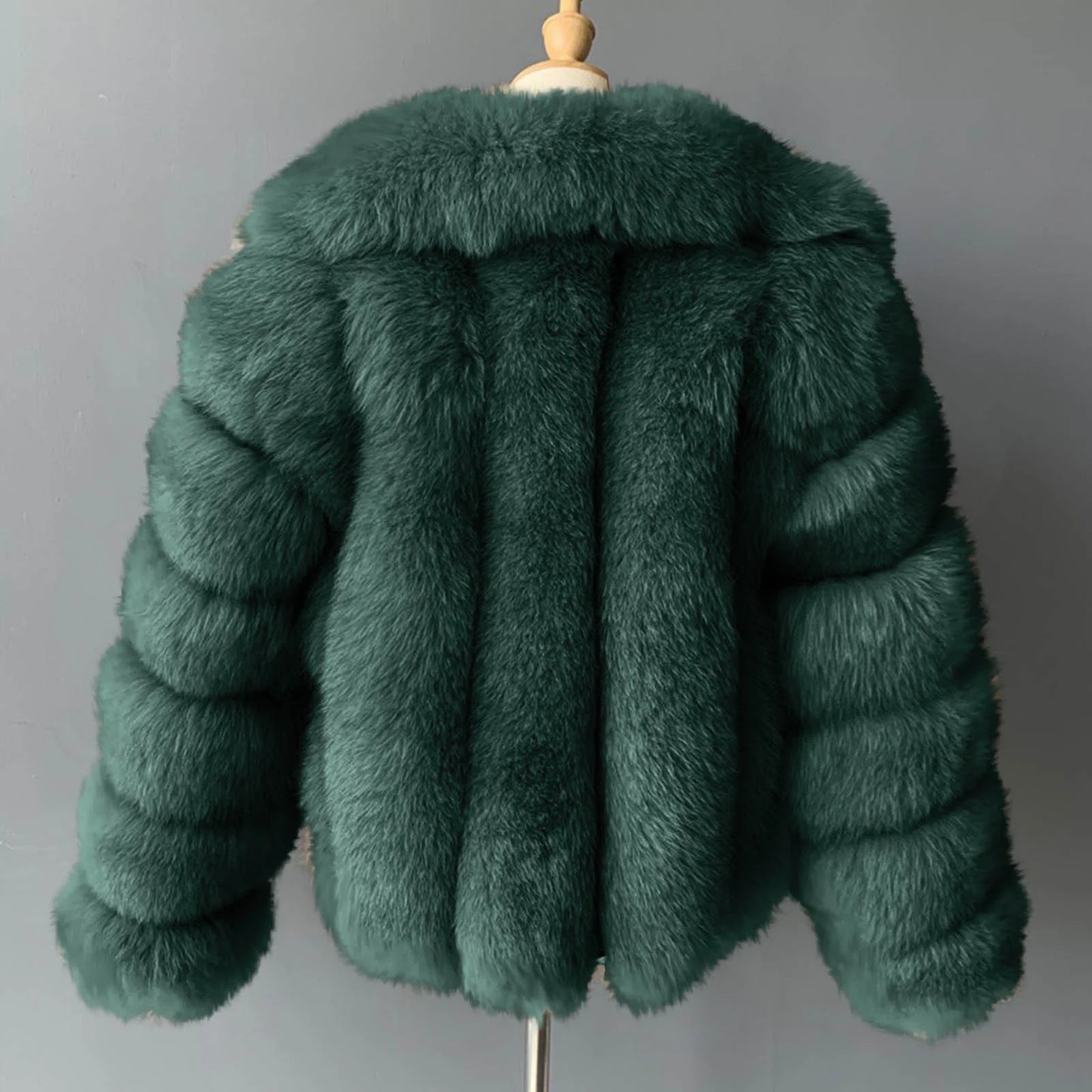 FJF0002 Women’s Luxe Moss-Green Fox Fur Cropped Jacket – Fluffy, Warm & Stylish Open-Front Outerwear Coat